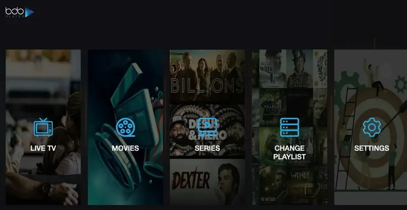 Startskärmen i Bob Player med live-tv, filmer, serier, byt lista och inställningar