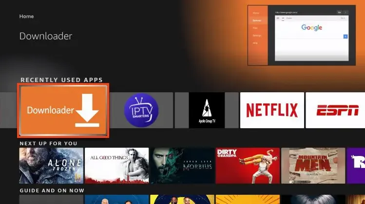 Appen Downloader markerad på startskärmen i Amazon Fire TV