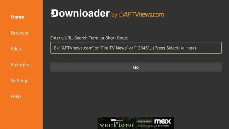 Startskärmen i Downloader med rutan där du skriver in en URL eller en kort kod