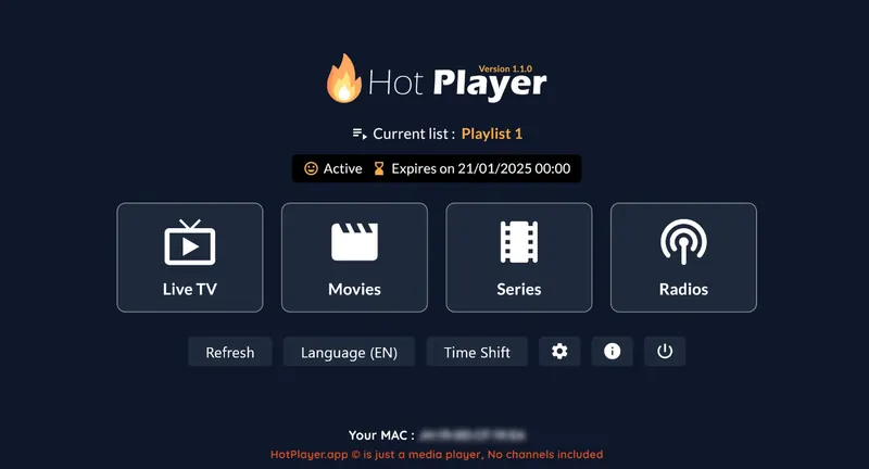 Startskärmen i Hot Player med den aktiva listan, live-tv, filmer, serier och radio