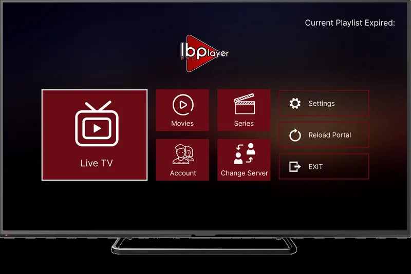 Startskärmen i IBO Player Pro på en tv med live-tv, filmer, serier och konto