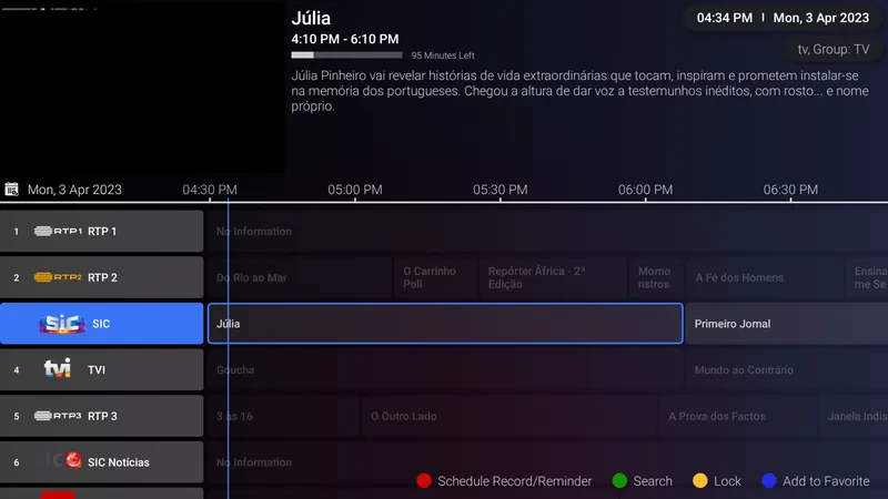 Tv-guiden i iMPlayer med kanaler, programtider och ett markerat program