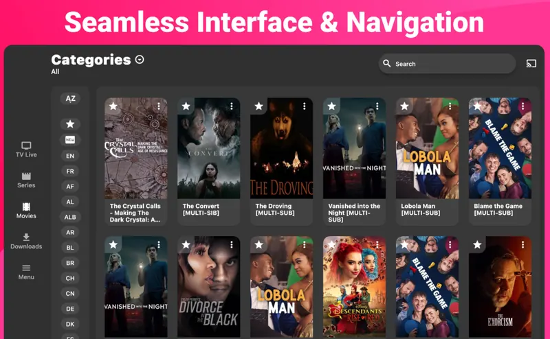 IPTV Expert i Windows som visar ett rutnät av filmer sorterade per kategori