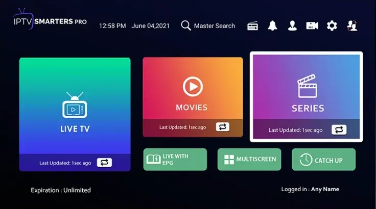 Startskärmen i IPTV Smarters Pro med live-tv, filmer, serier och catch-up