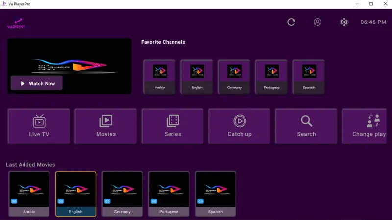 Vu Player Pro i Windows med favoritkanaler och knappar för live-tv, filmer, serier och catch-up