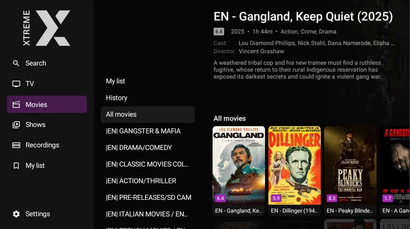 Filmbiblioteket i XtremeHD Player med kategorierna i sidan och omslagen